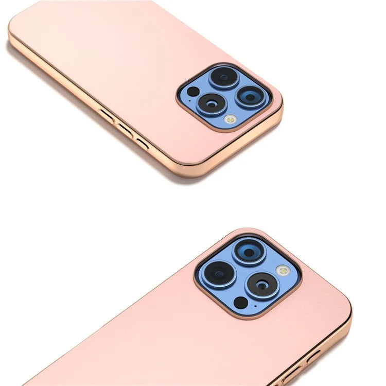 For iPhone 16 Pro Case Electroplating Edge PU Leather Coated TPU+PC Phone Cover