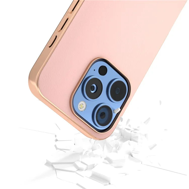 For iPhone 16 Pro Case Electroplating Edge PU Leather Coated TPU+PC Phone Cover