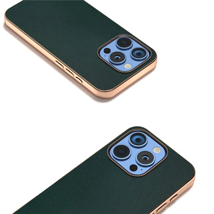 For iPhone 16 Pro Case Electroplating Edge PU Leather Coated TPU+PC Phone Cover