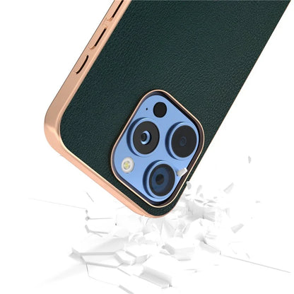 For iPhone 16 Pro Case Electroplating Edge PU Leather Coated TPU+PC Phone Cover