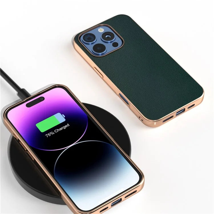 For iPhone 16 Pro Case Electroplating Edge PU Leather Coated TPU+PC Phone Cover