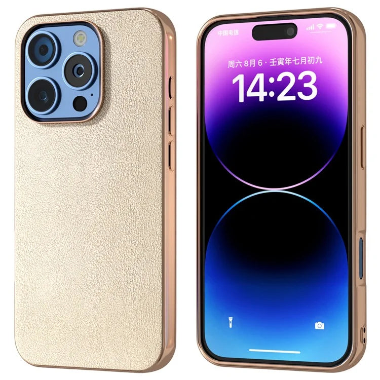 For iPhone 16 Pro Case Electroplating Edge PU Leather Coated TPU+PC Phone Cover