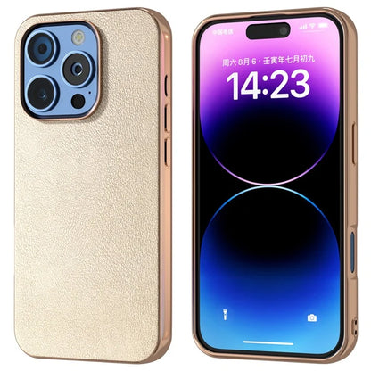 For iPhone 16 Pro Case Electroplating Edge PU Leather Coated TPU+PC Phone Cover