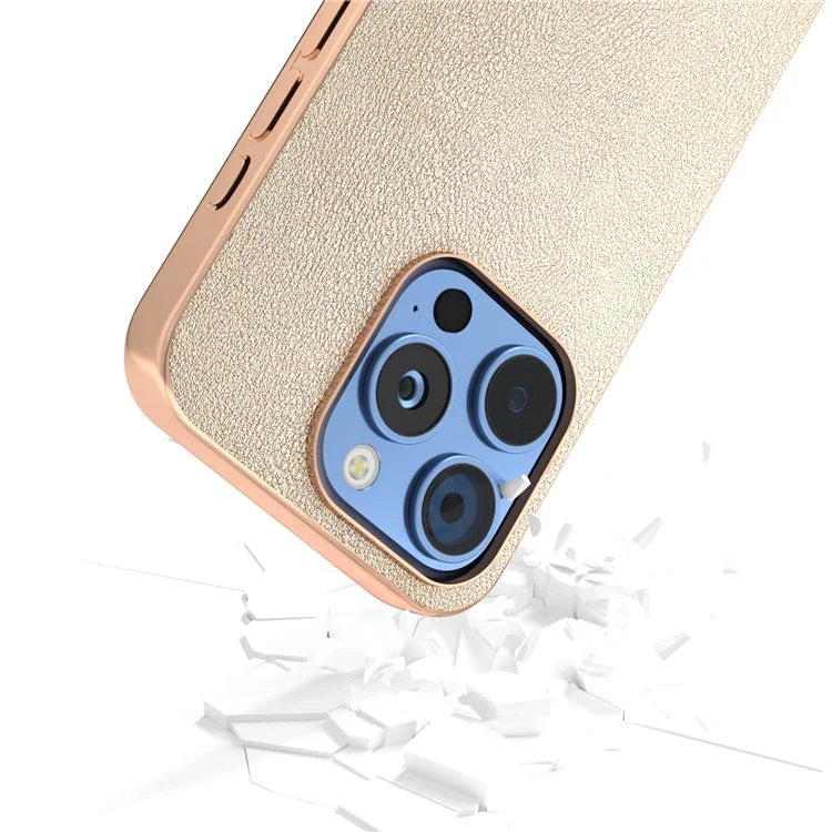 For iPhone 16 Pro Case Electroplating Edge PU Leather Coated TPU+PC Phone Cover