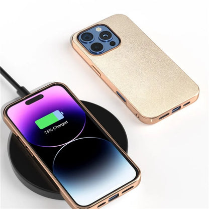 For iPhone 16 Pro Case Electroplating Edge PU Leather Coated TPU+PC Phone Cover