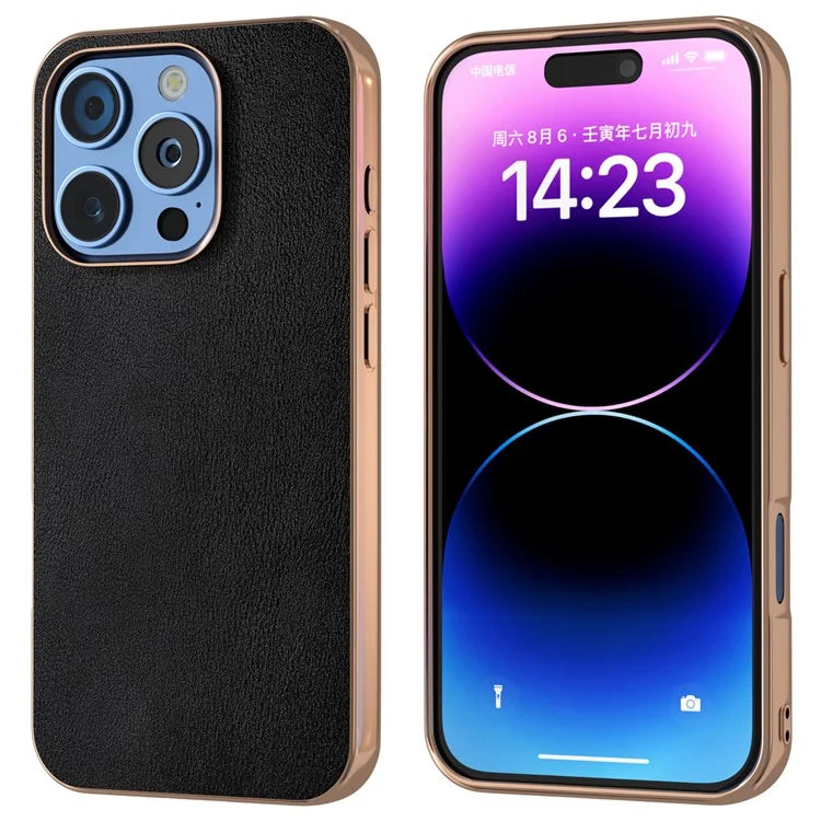For iPhone 16 Pro Case Electroplating Edge PU Leather Coated TPU+PC Phone Cover