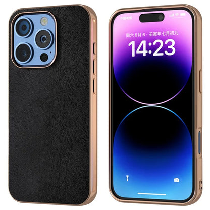 For iPhone 16 Pro Case Electroplating Edge PU Leather Coated TPU+PC Phone Cover