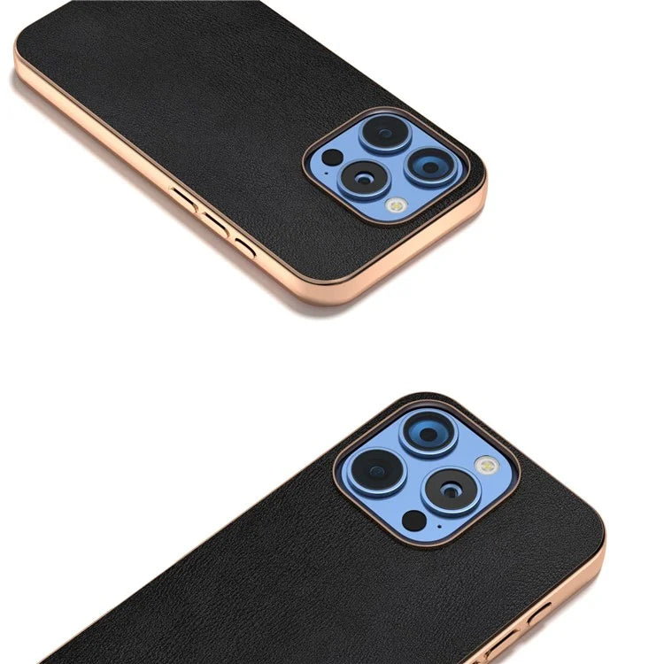 For iPhone 16 Pro Case Electroplating Edge PU Leather Coated TPU+PC Phone Cover