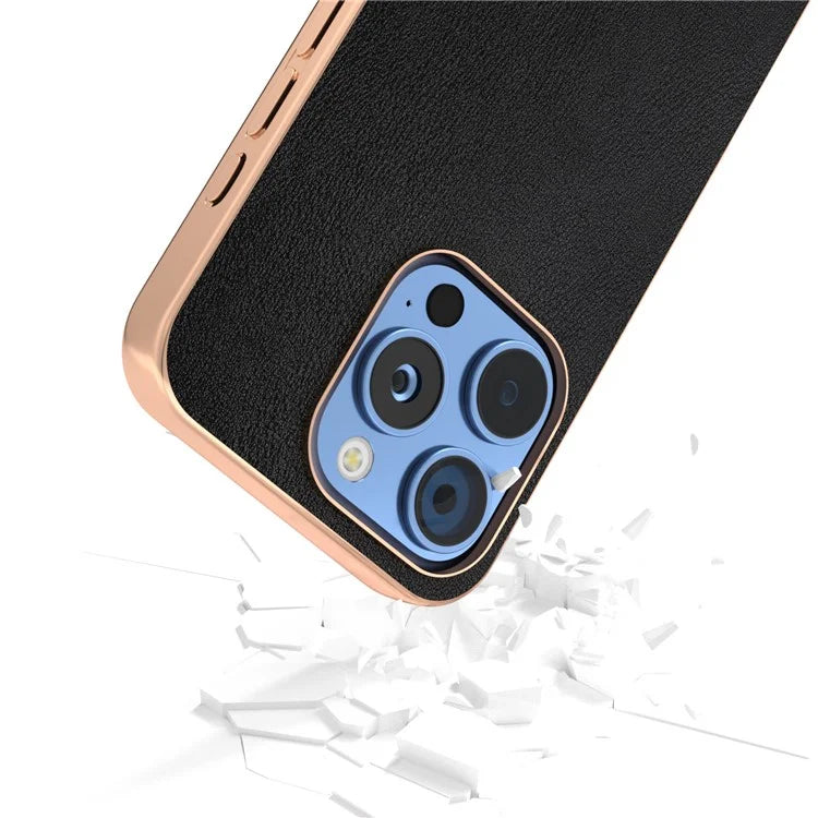 For iPhone 16 Pro Case Electroplating Edge PU Leather Coated TPU+PC Phone Cover