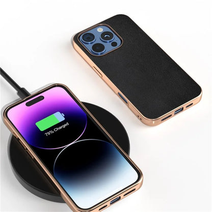 For iPhone 16 Pro Case Electroplating Edge PU Leather Coated TPU+PC Phone Cover