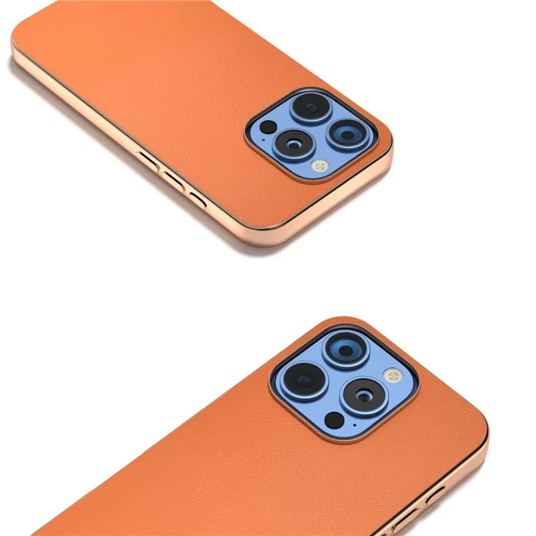 For iPhone 16 Pro Case Electroplating Edge PU Leather Coated TPU+PC Phone Cover