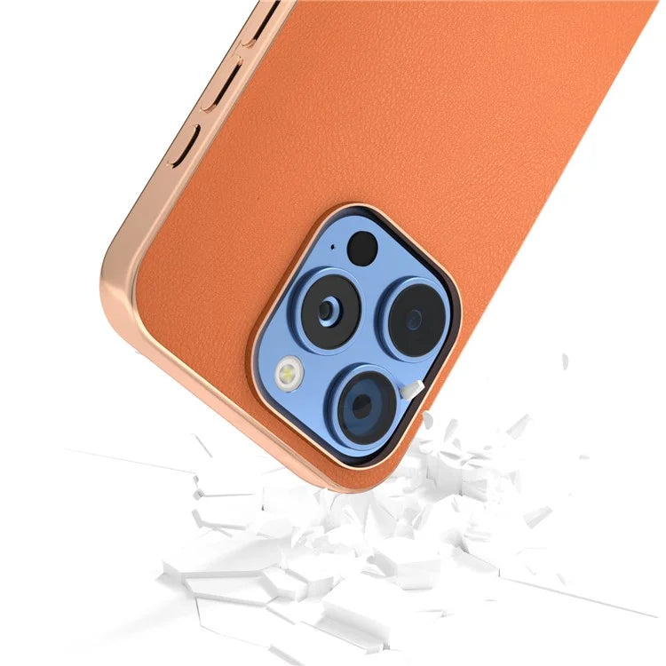 For iPhone 16 Pro Case Electroplating Edge PU Leather Coated TPU+PC Phone Cover
