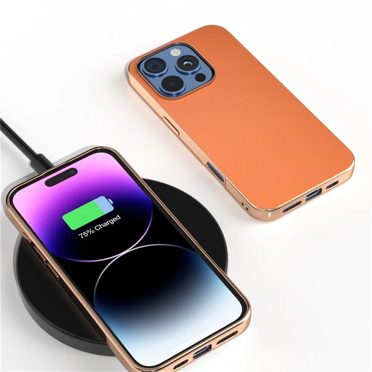 For iPhone 16 Pro Case Electroplating Edge PU Leather Coated TPU+PC Phone Cover