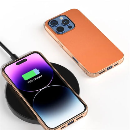 For iPhone 16 Pro Case Electroplating Edge PU Leather Coated TPU+PC Phone Cover