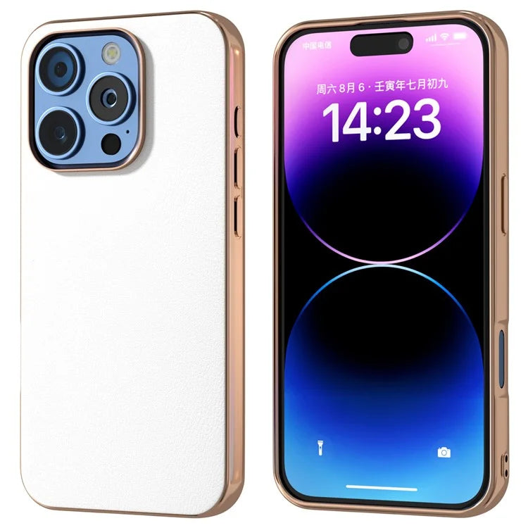 For iPhone 16 Pro Case Electroplating Edge PU Leather Coated TPU+PC Phone Cover