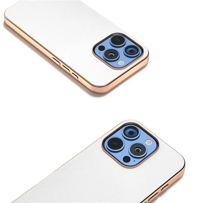 For iPhone 16 Pro Case Electroplating Edge PU Leather Coated TPU+PC Phone Cover