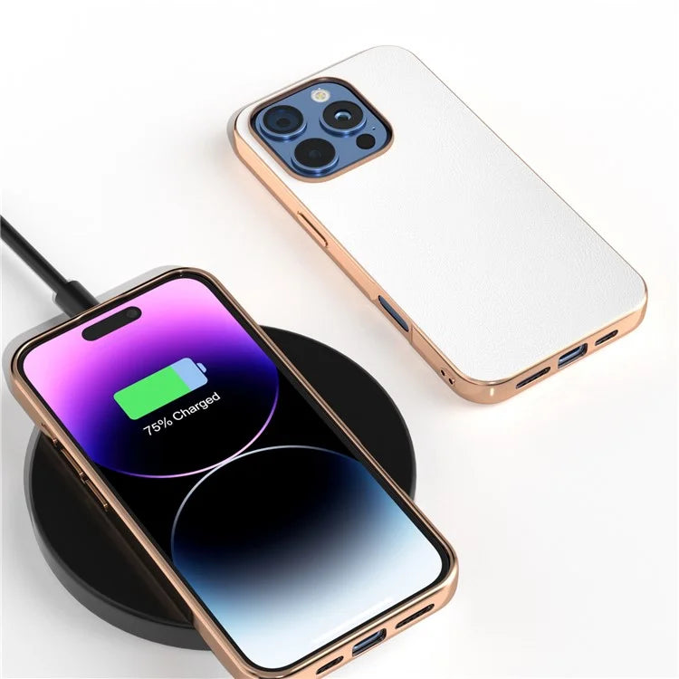 For iPhone 16 Pro Case Electroplating Edge PU Leather Coated TPU+PC Phone Cover
