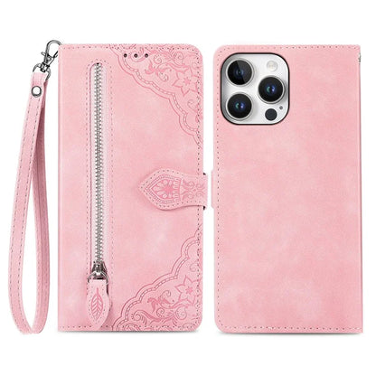 For iPhone 16 Pro Max Case Zipper Wallet PU Leather Flower Imprint Phone Cover
