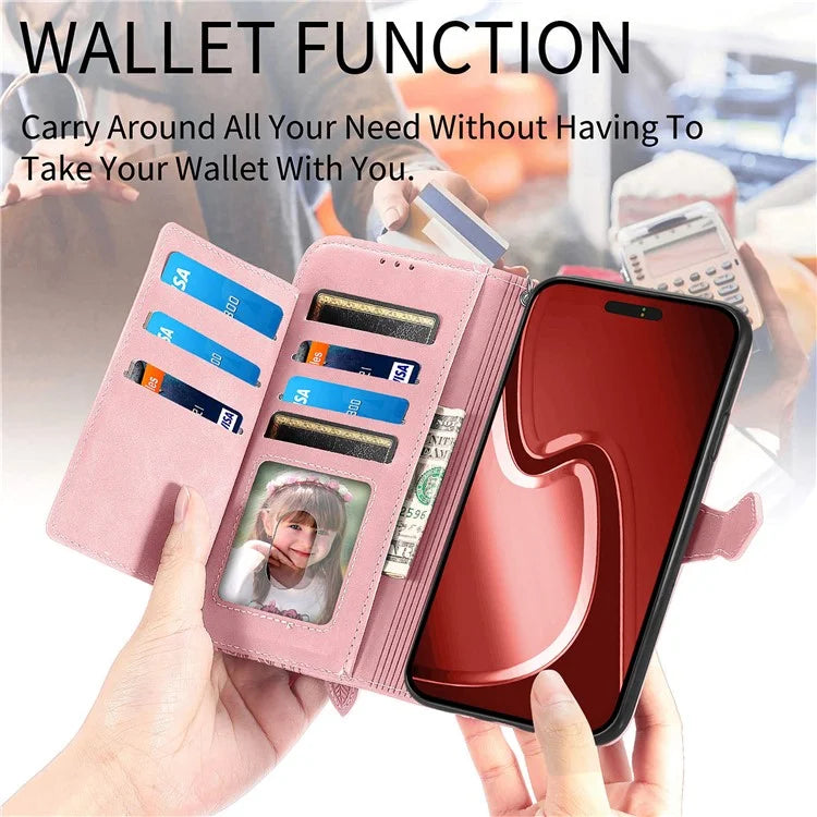 For iPhone 16 Pro Max Case Zipper Wallet PU Leather Flower Imprint Phone Cover