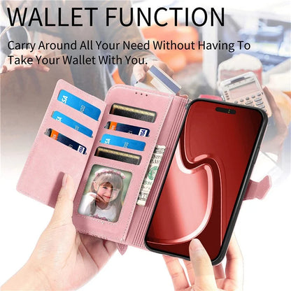 For iPhone 16 Pro Max Case Zipper Wallet PU Leather Flower Imprint Phone Cover