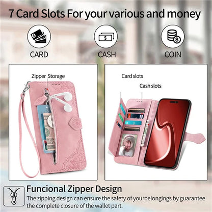 For iPhone 16 Pro Max Case Zipper Wallet PU Leather Flower Imprint Phone Cover