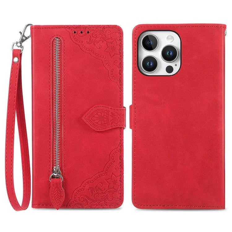 For iPhone 16 Pro Max Case Zipper Wallet PU Leather Flower Imprint Phone Cover
