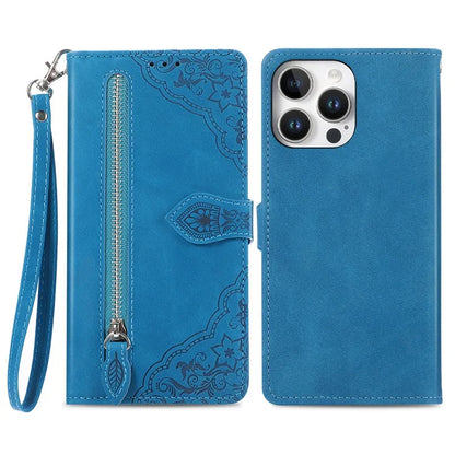 For iPhone 16 Pro Max Case Zipper Wallet PU Leather Flower Imprint Phone Cover