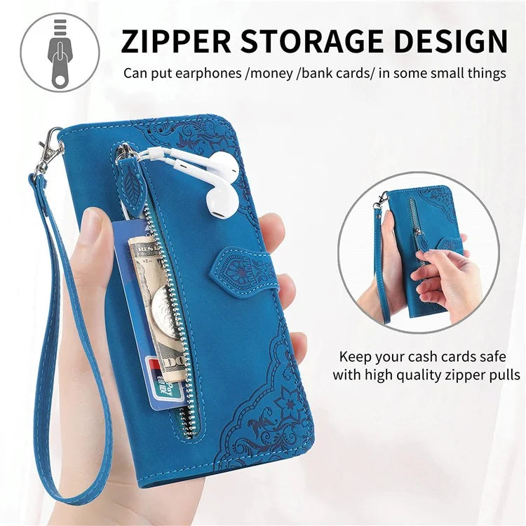 For iPhone 16 Pro Max Case Zipper Wallet PU Leather Flower Imprint Phone Cover