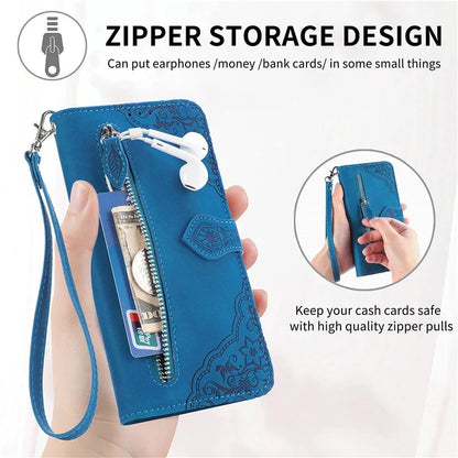For iPhone 16 Pro Max Case Zipper Wallet PU Leather Flower Imprint Phone Cover