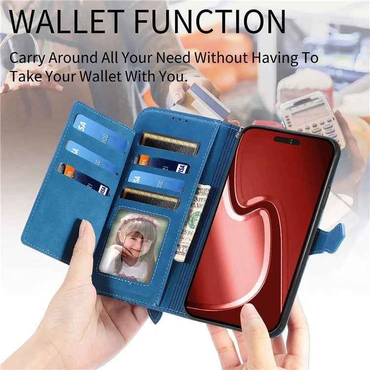 For iPhone 16 Pro Max Case Zipper Wallet PU Leather Flower Imprint Phone Cover
