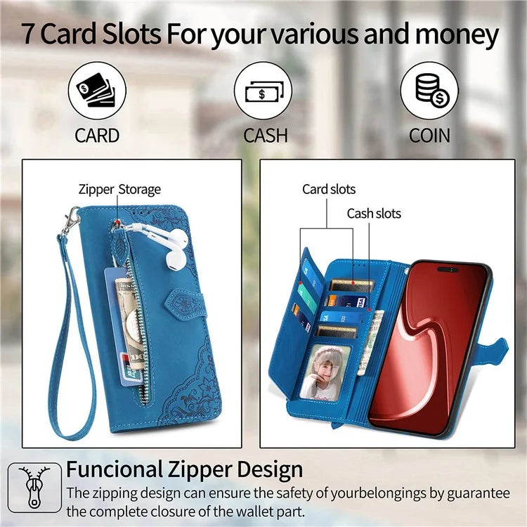 For iPhone 16 Pro Max Case Zipper Wallet PU Leather Flower Imprint Phone Cover
