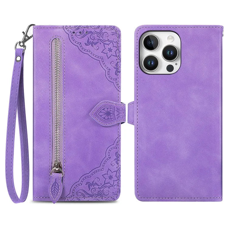 For iPhone 16 Pro Max Case Zipper Wallet PU Leather Flower Imprint Phone Cover