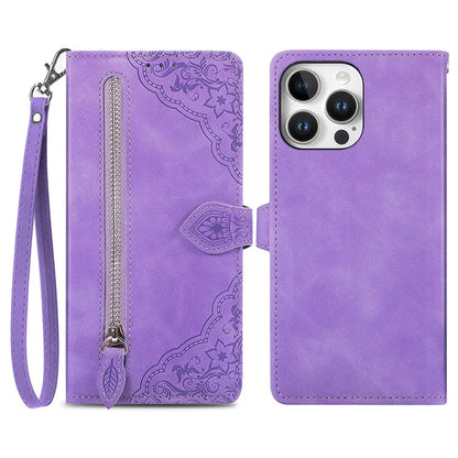 For iPhone 16 Pro Max Case Zipper Wallet PU Leather Flower Imprint Phone Cover