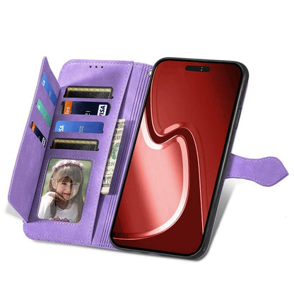 For iPhone 16 Pro Max Case Zipper Wallet PU Leather Flower Imprint Phone Cover
