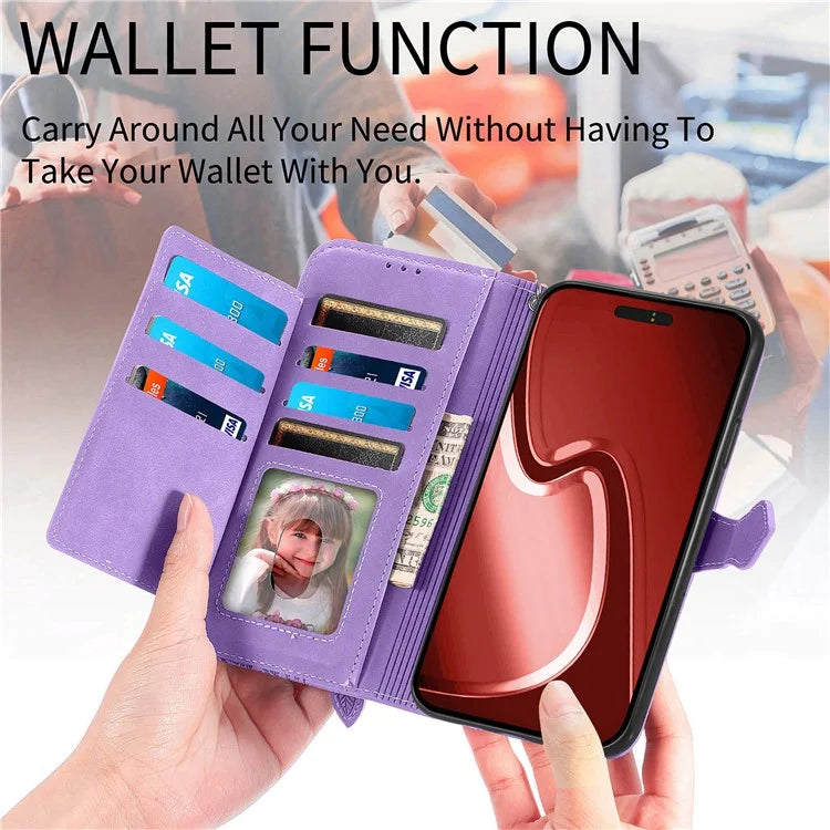 For iPhone 16 Pro Max Case Zipper Wallet PU Leather Flower Imprint Phone Cover