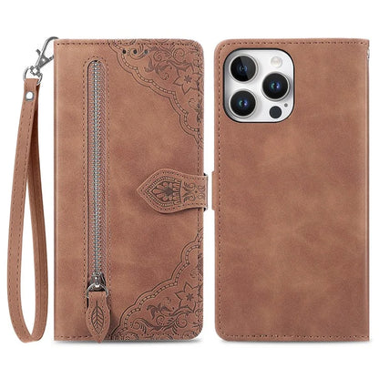 For iPhone 16 Pro Max Case Zipper Wallet PU Leather Flower Imprint Phone Cover