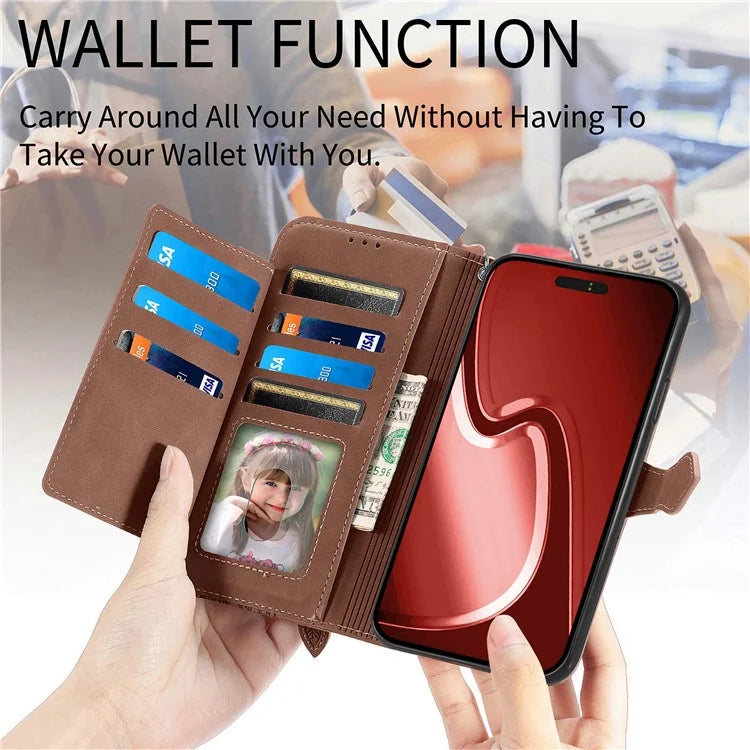 For iPhone 16 Pro Max Case Zipper Wallet PU Leather Flower Imprint Phone Cover