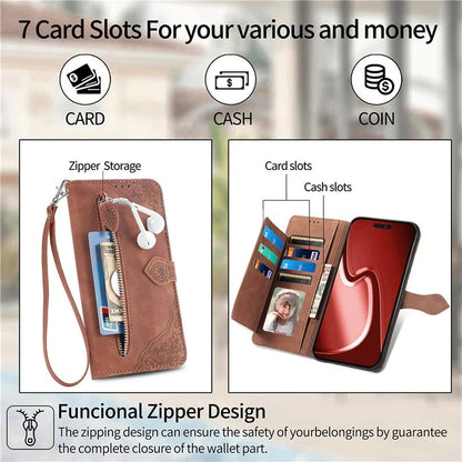 For iPhone 16 Pro Max Case Zipper Wallet PU Leather Flower Imprint Phone Cover