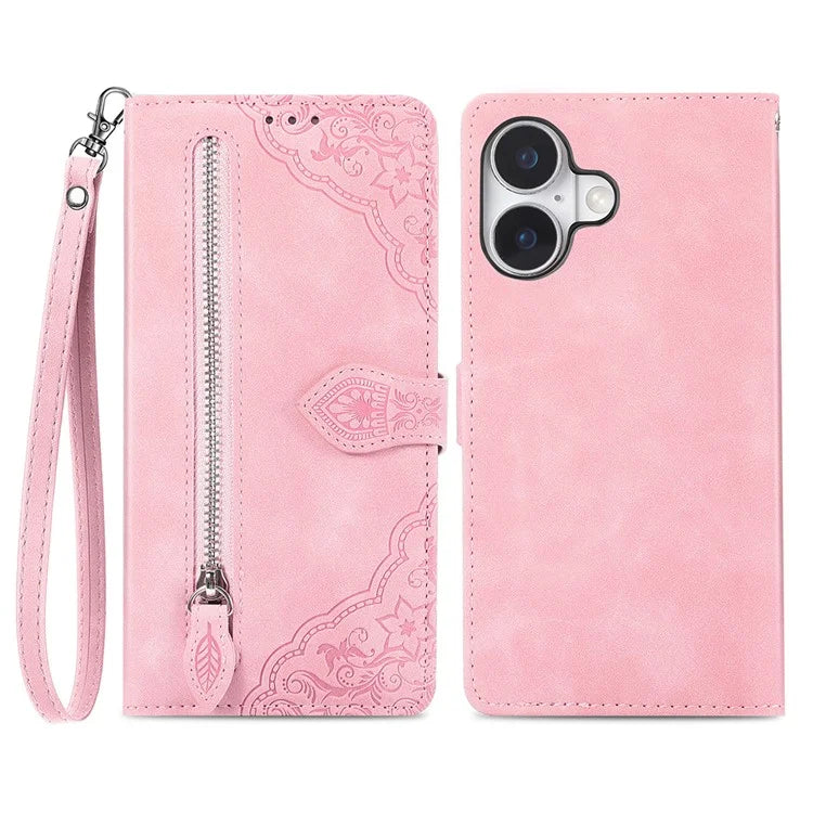 For iPhone 16 Case Zipper Wallet PU Leather Flower Imprint Phone Cover