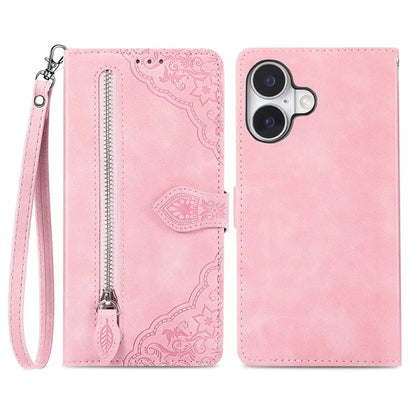 For iPhone 16 Case Zipper Wallet PU Leather Flower Imprint Phone Cover