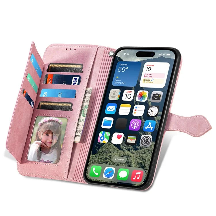 For iPhone 16 Case Zipper Wallet PU Leather Flower Imprint Phone Cover