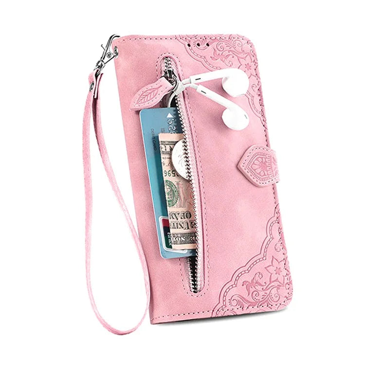 For iPhone 16 Case Zipper Wallet PU Leather Flower Imprint Phone Cover