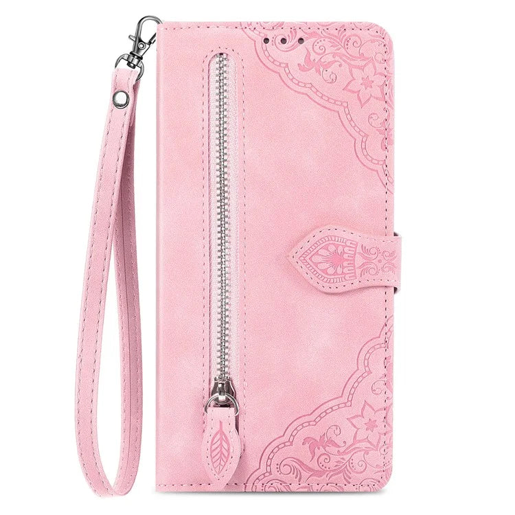For iPhone 16 Case Zipper Wallet PU Leather Flower Imprint Phone Cover