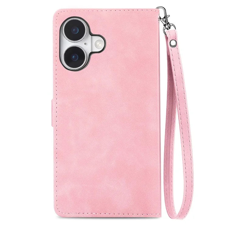 For iPhone 16 Case Zipper Wallet PU Leather Flower Imprint Phone Cover