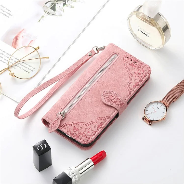 For iPhone 16 Case Zipper Wallet PU Leather Flower Imprint Phone Cover