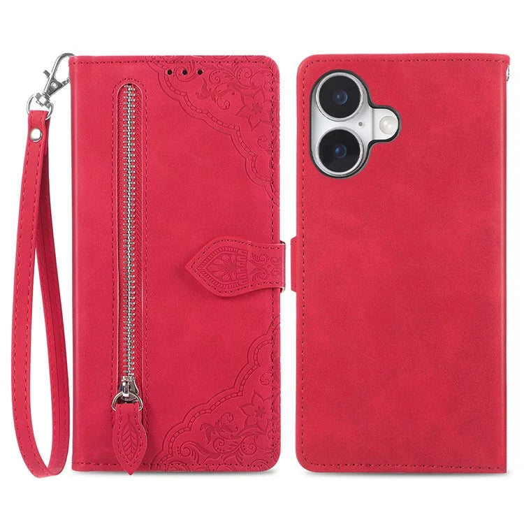 For iPhone 16 Case Zipper Wallet PU Leather Flower Imprint Phone Cover