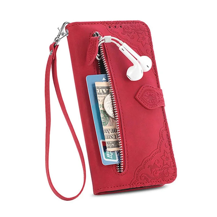 For iPhone 16 Case Zipper Wallet PU Leather Flower Imprint Phone Cover