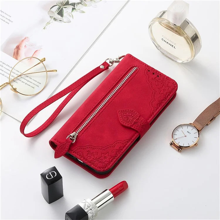 For iPhone 16 Case Zipper Wallet PU Leather Flower Imprint Phone Cover