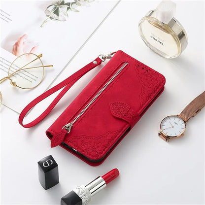 For iPhone 16 Case Zipper Wallet PU Leather Flower Imprint Phone Cover