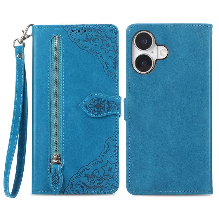 For iPhone 16 Case Zipper Wallet PU Leather Flower Imprint Phone Cover
